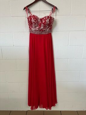 Women’s- Amelia Sweetheart Strapless Red Beaded Evening Gown